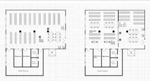 Comparison of "before" and "after" floorplans for Andrew Heiskell Library